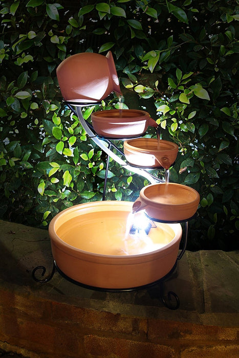 ASC Terracotta Solar Water Fountain Cascade Battery/Timer LED Lights - Used