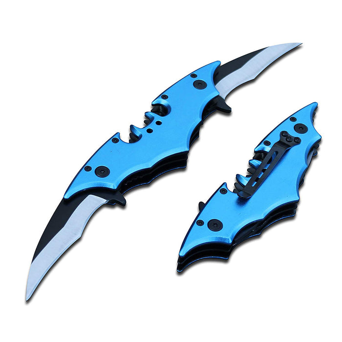 Batman Dark Knight Bat Spring Assisted Folding Dual Pocket Knife Blue - Open Box