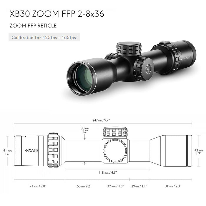 Hawke Sport Optics XB Zoom Crossbow Scope XB30 FFP 2-8x36 425-465 fps