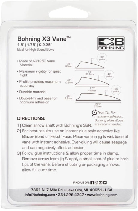 Bohning X3 Vanes 3" 100/Pack Arrow Fletching for Standard Shaft Sizes upto .246