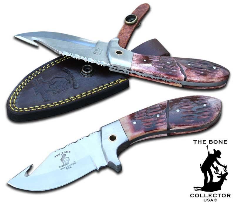 Bone Collector 8" Gut-Hook Blade Rose-Bone Hunting Knife with Leather Sheath