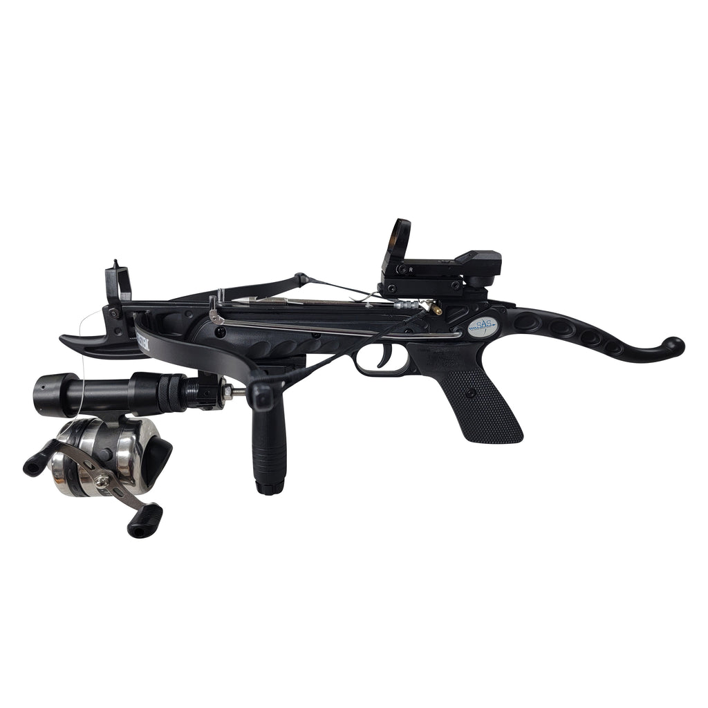 barnett crossbow fishing reel SAS Prophecy 80 Pound Self-cocking Pistol Crossbow Red Dot Scope Bowfi — WoodsArcheryRange.com/TheCrossbowStore.com